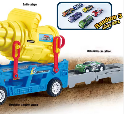 Camion qui tire des fusées avec des petites voitures